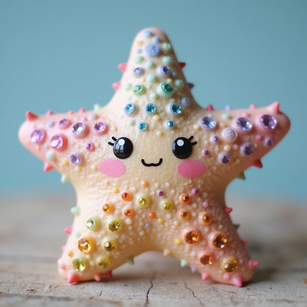 realistic sea star with rainbow pastel colors, sparkling gems, natural texture, slight kawaii charm, gentle cute expression emoji