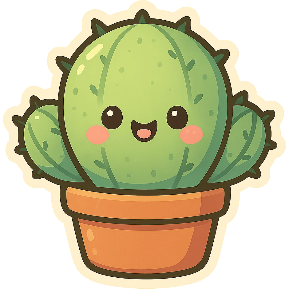 cute and exaggerated chibi sticker-style cactus with a smiling face emoji