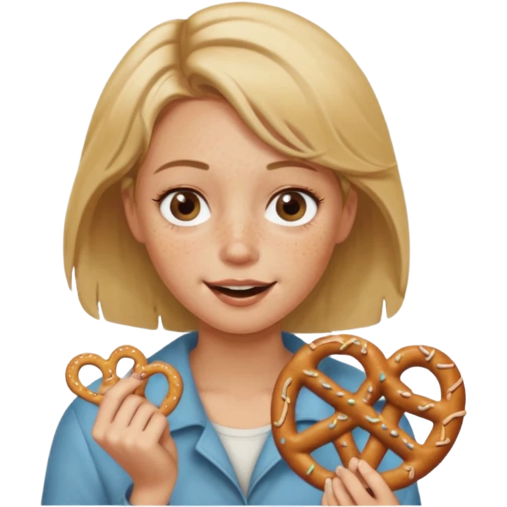 Short, center part, Dirty blond hair, fair skin with freckles,  holding pretzels and winking her eye emoji