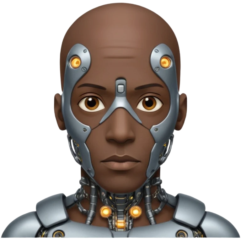 bald black man, vertical half of his face covered in cyborg augmentations emoji