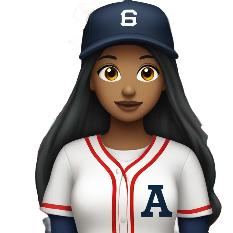 Black long hair girl wearing navy ballcap emblazoned with a red G initial and wearing baseball uniform emoji