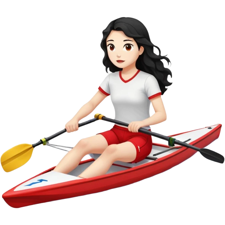 girl with long black wavy hair, white skin, wearing red shorts and white short-sleeve t-shirt, sitting in a long and thin racing boat suitable for Olympic rowing, rowing, boat and girl facing right in profile emoji