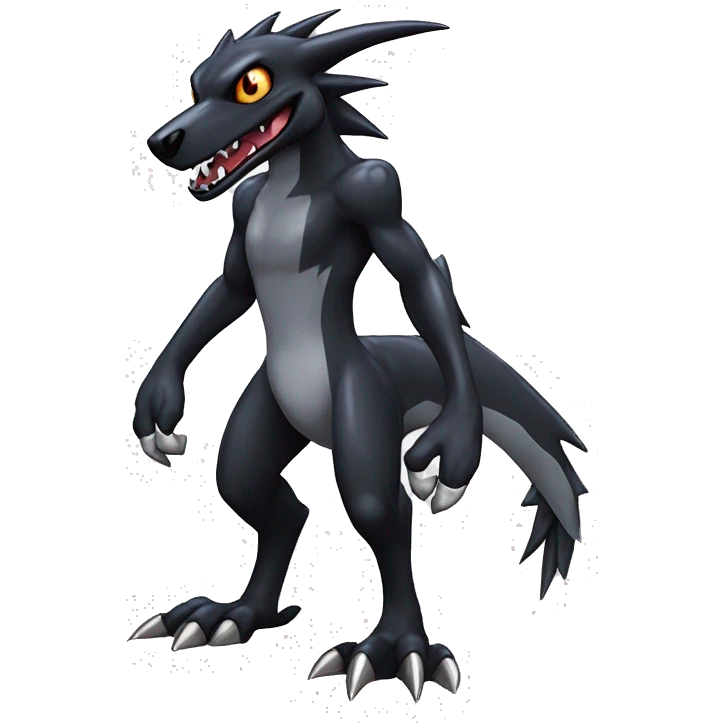 Black, Cool, Edgy, Nargacuga-Garchomp-Houndoom-Sergal Fakémon-Digimon with sharp markings,  full body emoji