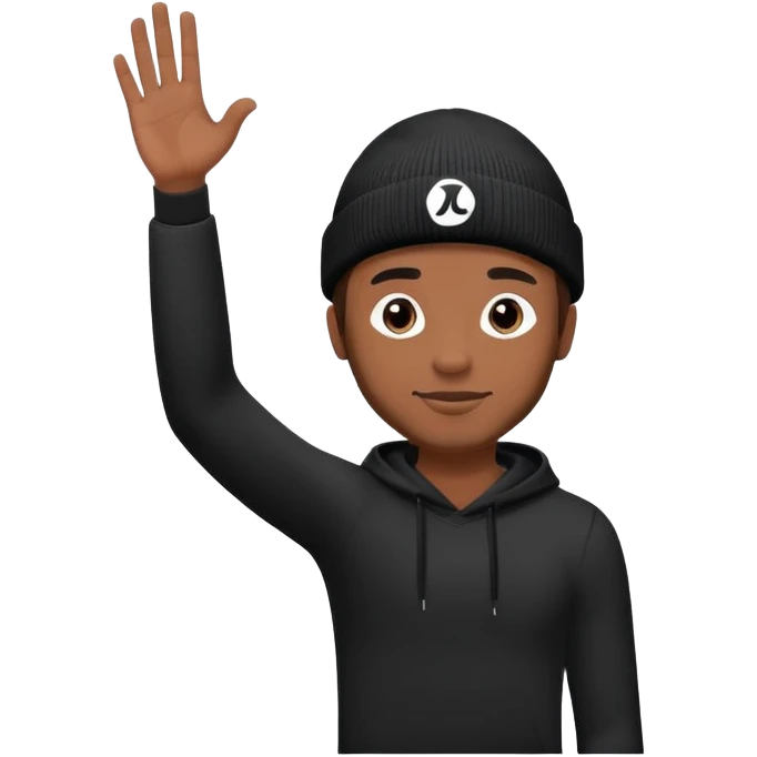 Brown skin man with black beanie that says lululemon on the top waving with his when up emoji