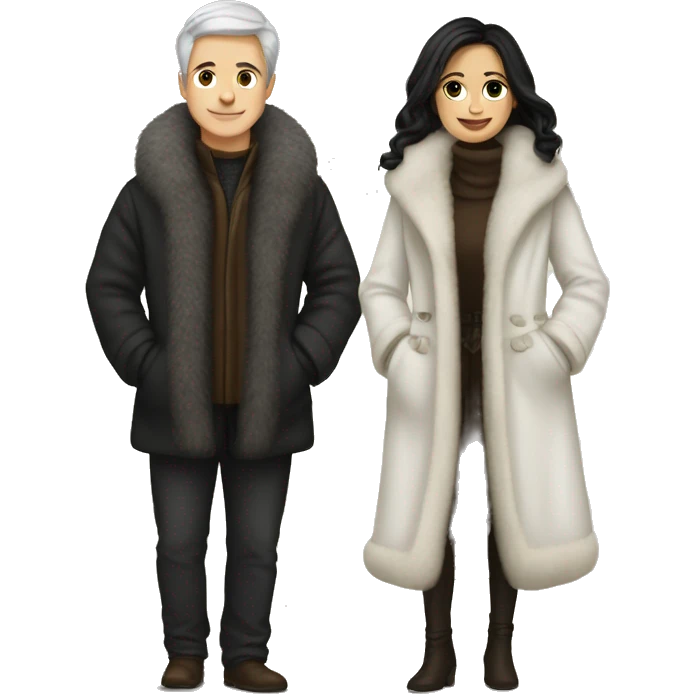 Dark haired White couple in long fur coats emoji