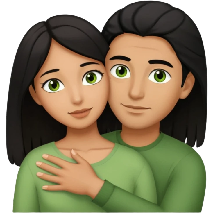 Woman  with brown eyes and black hair hugging a man with green eyes and brown hair emoji