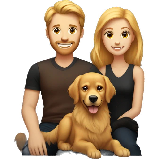 Family portrait with a smiling blonde woman,  red-haired man,  golden retriever sitting beside them, and  black cat sitting in front. emoji