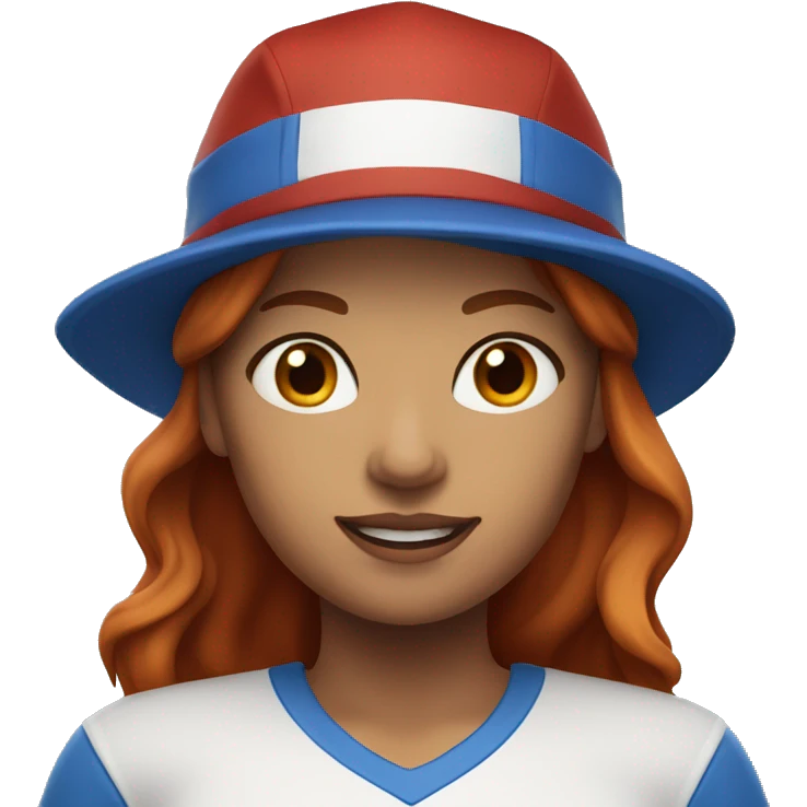 front facing standing female coach with long red hair, wearing a white t-shirt and a simple blue hat emoji