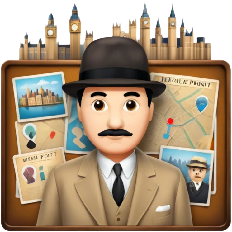 Icon for Detective Movies: A colorful collage with Hercule Poirot and mysterious city backdrop. Include a board with photos of suspects, clues like fingerprints and a crime scene. Retro movie poster style. Transparent background. emoji
