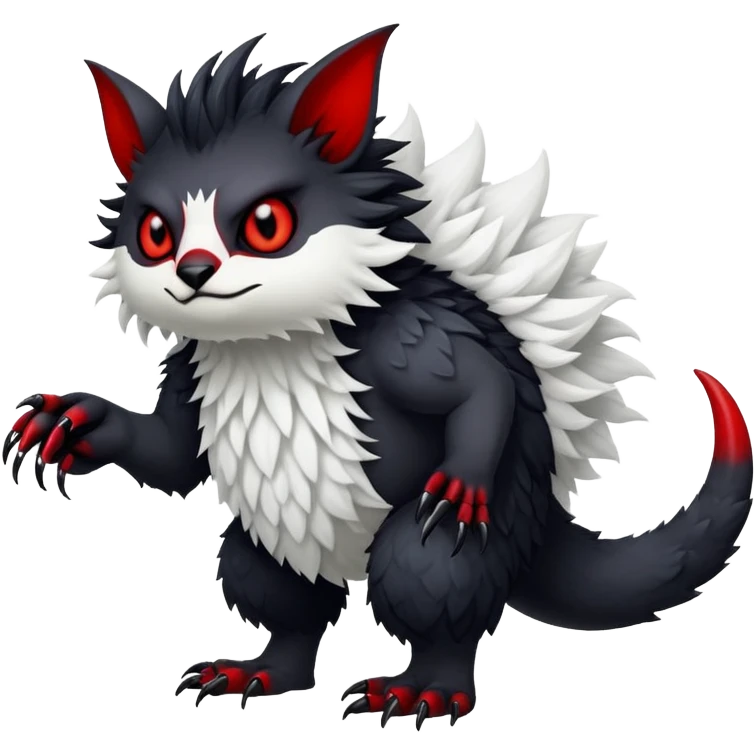 a white exotic edgy vernid-fionbr-Fakémon-creature, with black belly and red eyes, full body emoji