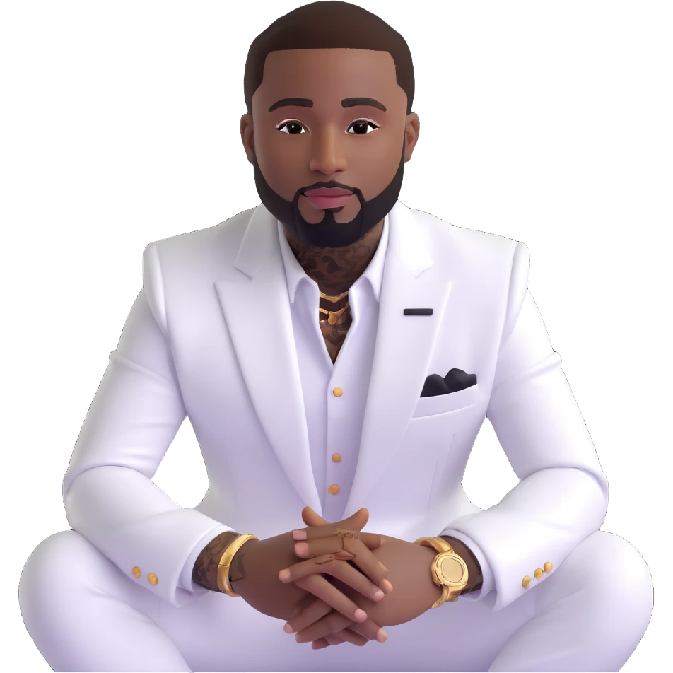 cartoon emoji of Davido wearing a white suit inspired by his look in the 'WITH YOU' album cover, sitting confidently, with a trimmed beard and signature style, fun and expressive emoji