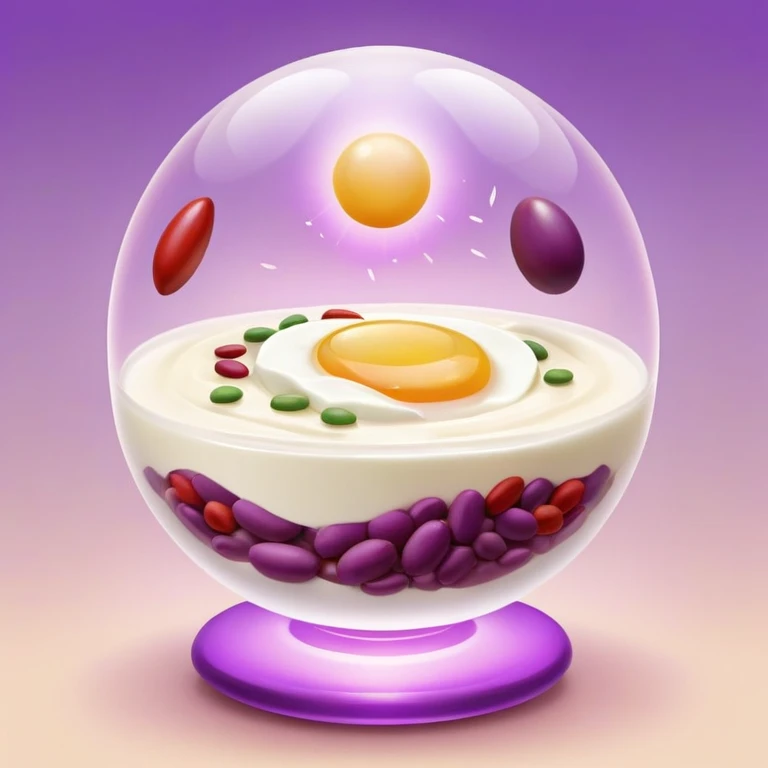 Floating orb of warm light containing mini bright icons: red meat, golden egg, purple beans, translucent tofu block and yogurt glass, slowly rotating around a radiant body figure that radiates strength and balance emoji