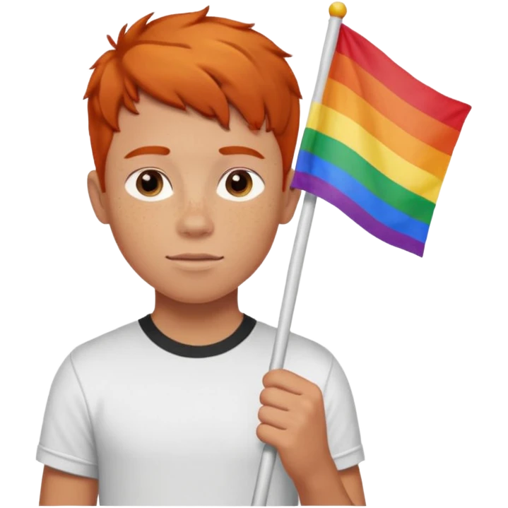 A gay, ginger, young, freckled, boy with a shirt with the name JUDE on it in red marker, holding a pride flag emoji