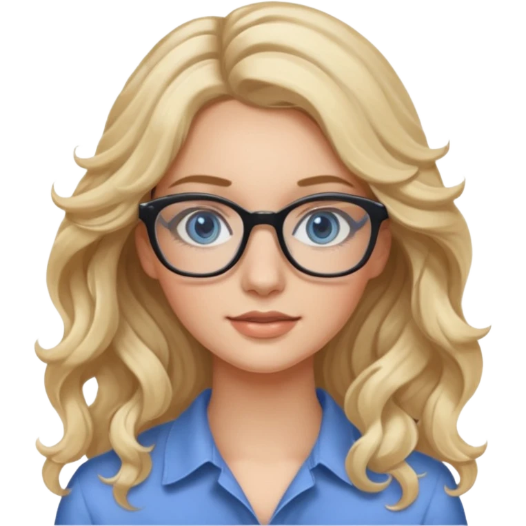 Fille 20ans qui a des cheveux long et blond et wavy avec des lunettes et des yeux bleu- gris avec du mascara emoji