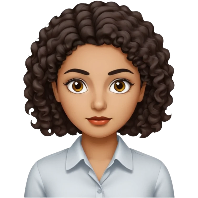 30 yr iranian woman dark brown hair curly wavy short hair, dress shirt, thick eyebrows emoji