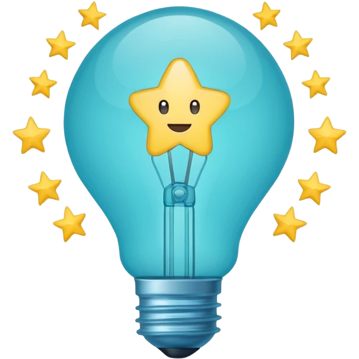 Light bulb icon with three small stars inside the bulb, flat emoji style, outline with blue and turquoise colors, white background emoji