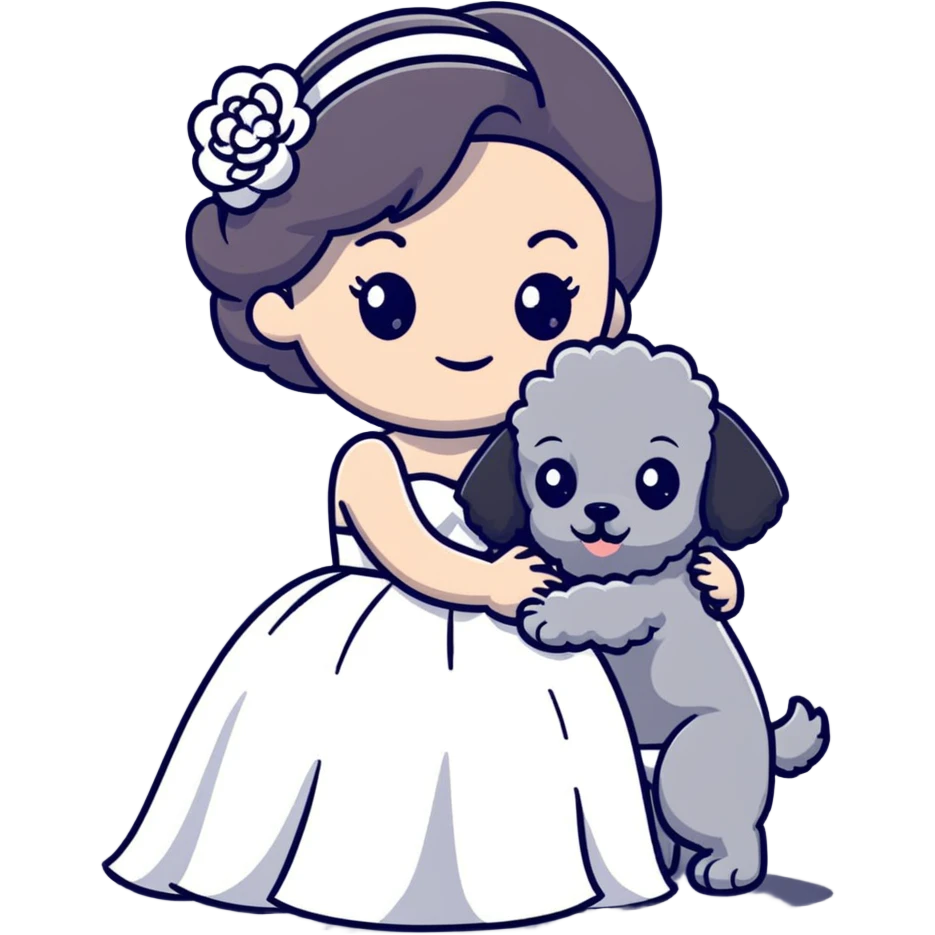 beautiful girl in a wedding dress hugging a small gray poodle emoji