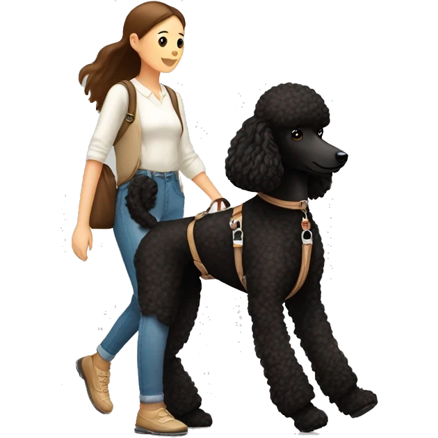 3 legs One Small unshaved Black Poodle with brown harness is walking with a pretty girl emoji