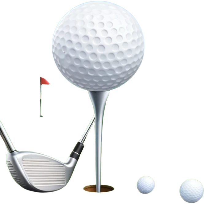 A golf ball on a tee with a golf club placed beside it, set against the backdrop of a well-manicured green golf course. The scene emphasizes the equipment and serene atmosphere of the sport, with soft lighting and a peaceful, open landscape emoji
