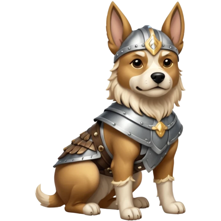 valorous Viking dog in Valhalla, detailed armor, heroic pose, glowing sky emoji