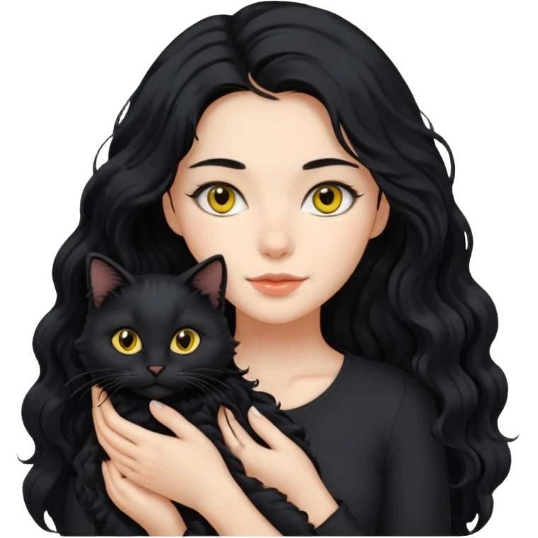 una ragazza di circa 25 anni, capelli lunghi ondulati neri con in braccio un gatto nero emoji