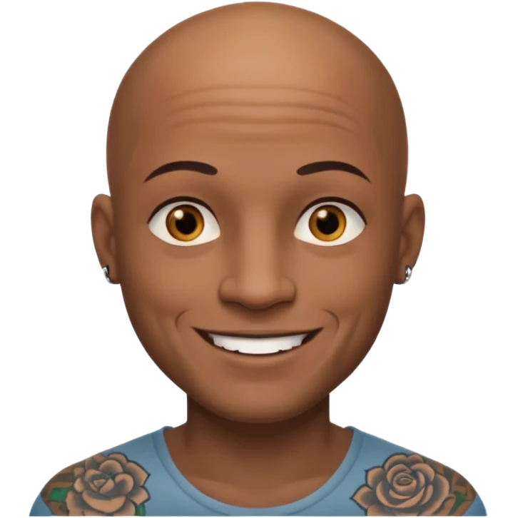 This is a cartoon-style avatar of a bald man with dark skin, golden-brown eyes, and several tattoos on his face, smiling with a friendly expression. emoji