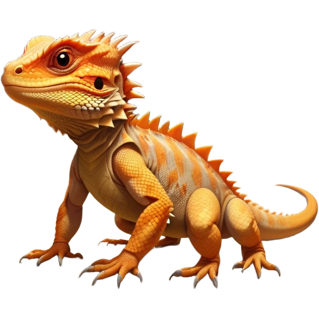 cinematic-bearded-dragon-realistic-full-body-standing on all fours-emoji,-rough-scaled-body-balanced-on-strong-legs,-spiky-throat-slightly-flared,-head-tilted-dramatically,-warm-orange-and-brown-patterns-glowing-under-the-sun,-simplified-yet-realistic-focused-features,-highly-detailed,-glowing-with-an-almost-sarcastic-glow emoji