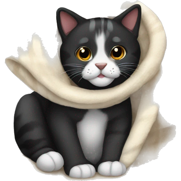 Black tiger cat with white mouth, white neck, with a cozy blanket emoji