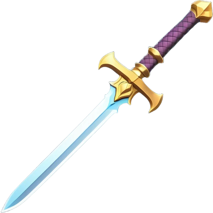 Clash of Clans aesthetic: Cinematic Playful Sword Emoji, rendered in a 3D vector-style similar to standard emojis with minimal shading and bold, simplified shapes. A compact, isometric blade with a gleaming, intricately designed hilt and a razor-sharp edge, softly glowing with a heroic, battle-ready charm. Simplified yet unmistakably iconic, highly detailed and consistent, glowing with a soft radiant brilliance and high shine. Stylized with a touch of medieval finesse and a soft glowing outline, capturing the essence of a legendary sword with a friendly, playful vibe! emoji