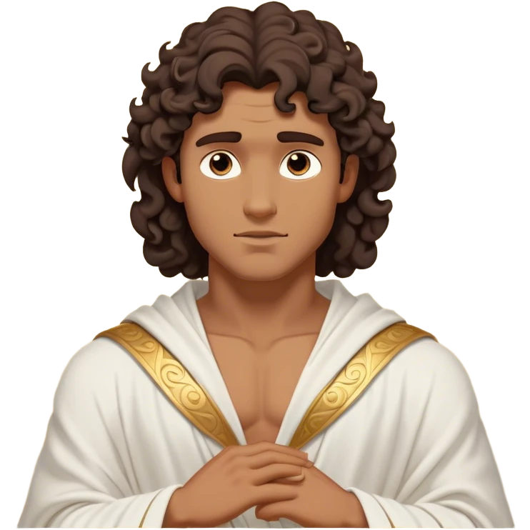Cinematic Realistic Hercules Portrait, depicted as a classical Greek hero inspired by the Disney version yet echoing the refined proportions and serene dignity of Michelangelo's David. His idealized, tan skin glows with timeless strength, and his thick, curly wavy dark brownhair falls in natural, sculpted curls. Draped in a flowing white robe with delicate golden accents, his expressive eyes radiate determined nobility, all rendered under dynamic natural lighting with a mythic, radiant glow. emoji