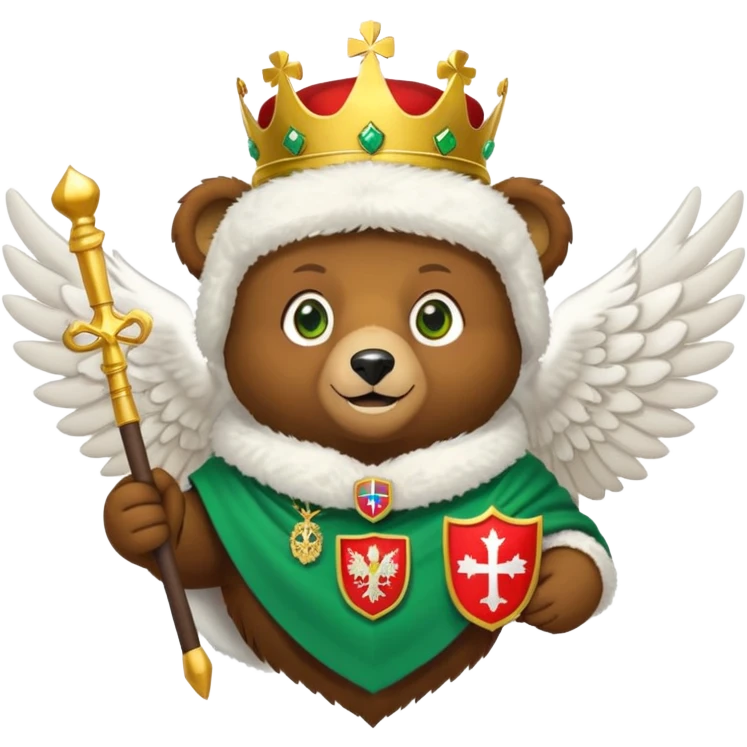 Sweet brown bear face with green eyes, white fluffy ushanka hat with Russian coat of arms showing golden eagle with spread wings, crowns, scepter, orb, and St. George shield, iOS emoji style emoji
