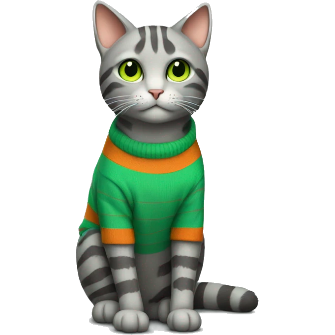 A striped grey cat with green eyes with orange sweater in full growth emoji