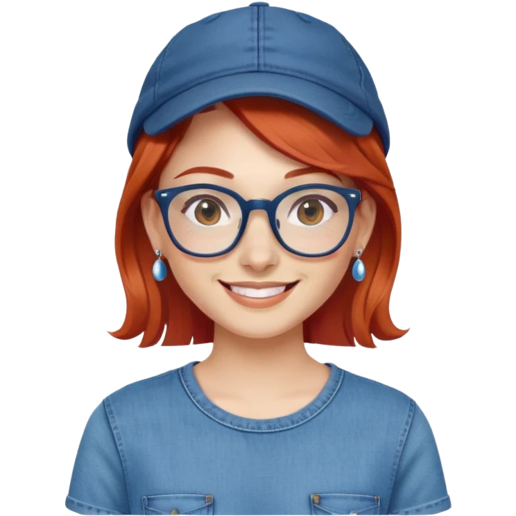 jovem de cabelos ruivos, oculos, brincos e um sorriso maravilhoso. A roupa deve ser em azul, calça jeans e boné emoji