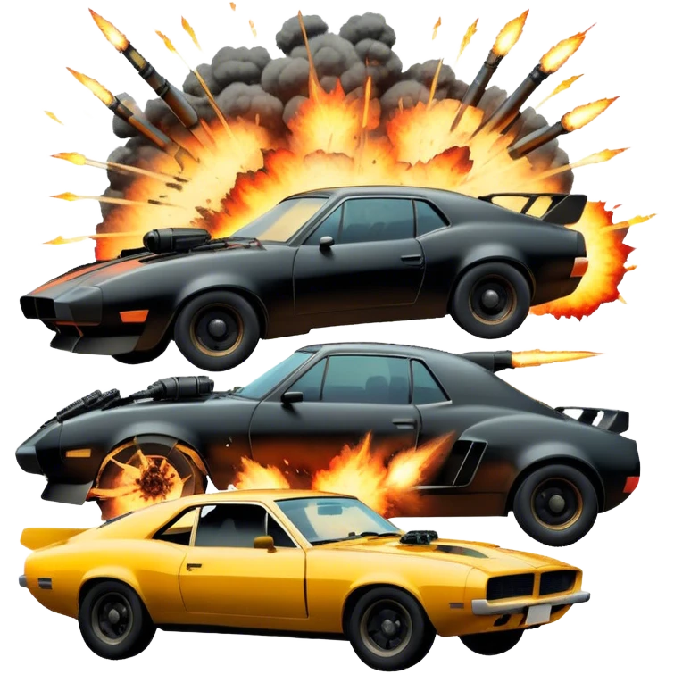 Photorealistic Icon for Action Movies: Dynamic close-up collage of iconic action movie scenes featuring explosions, fast car, combat and weapons. Include silhouettes of famous action heroes, dramatic lighting and a sense of high-octane energy. Transparent background. emoji