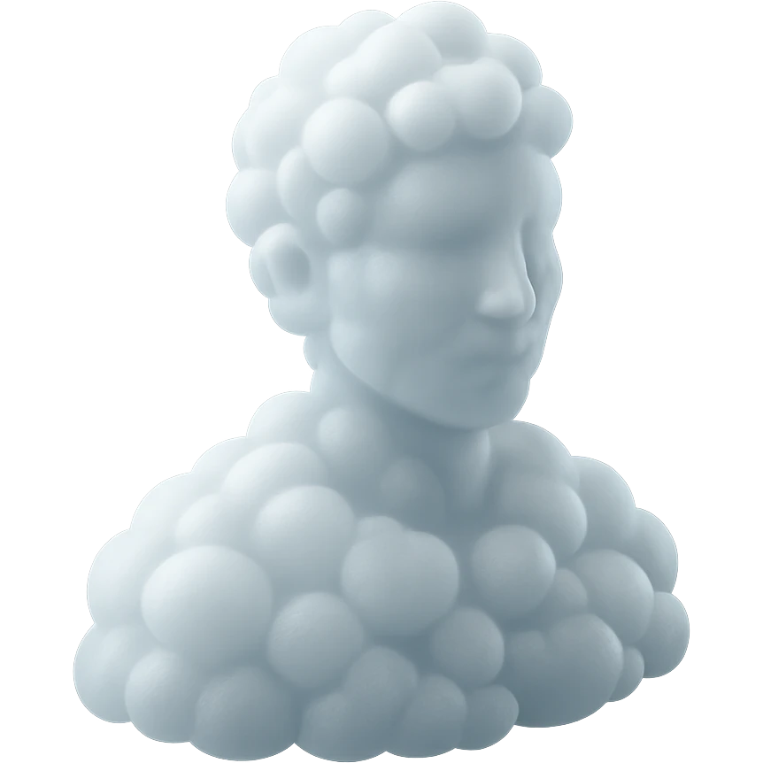 person looking straight, composed entirely of white fluffy convex clouds, shoulder up emoji