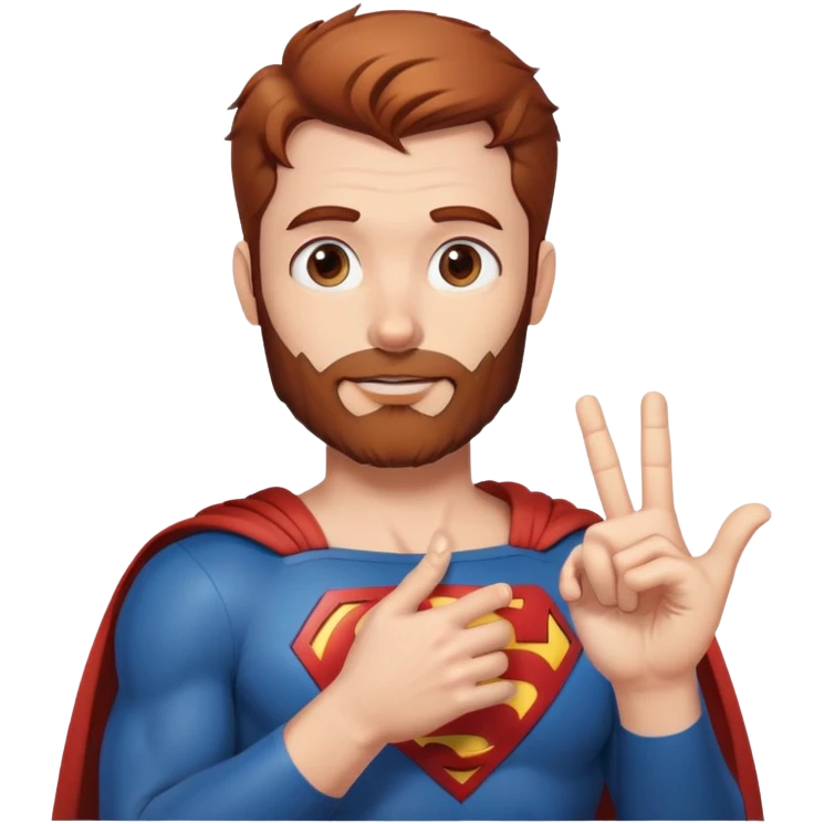 Adult Superman with redish brownish hair and full scruffy beard demonstrating hand heart  emoji
