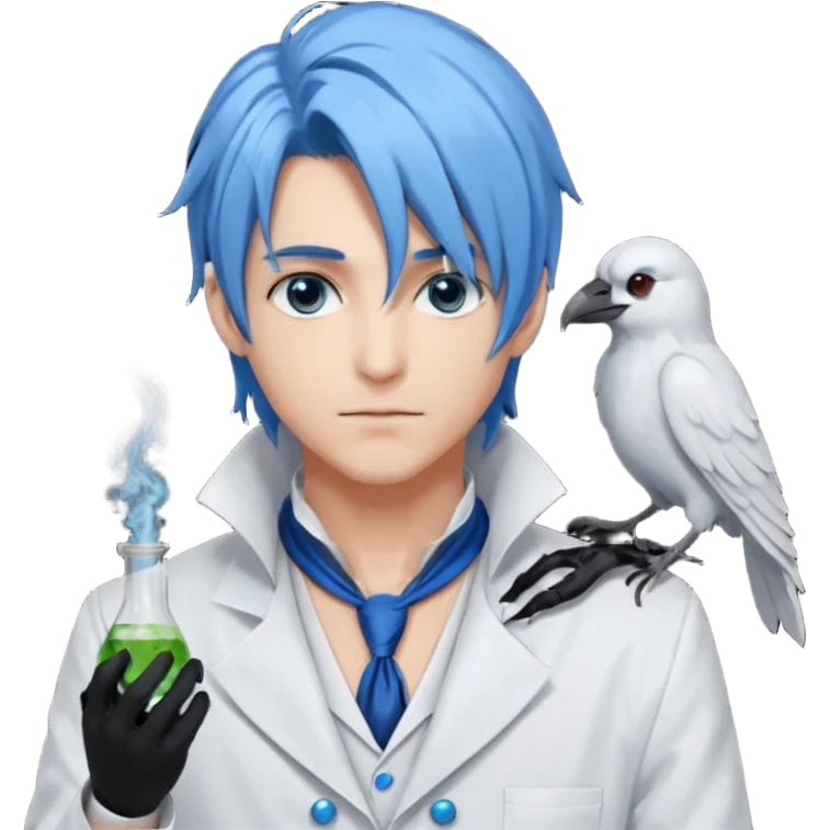 Alchemist handsome anime man with light-blue beautiful hair, handsome sexy, long hair tendril bangs down on the sides, white lab coat, blue cravat, black feathers on shoulder, raven companion, black gloves, red eyes emoji