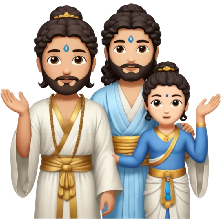 Create a Jesus - long wavy dark-brown hair, short beard, wearing a simple white robe., Krishna- blue skin with dark curled hair , and Buddha standing together. Buddha: warm golden or light tan skin, dark curled hair with a traditional top bun (ushnisha)

 emoji