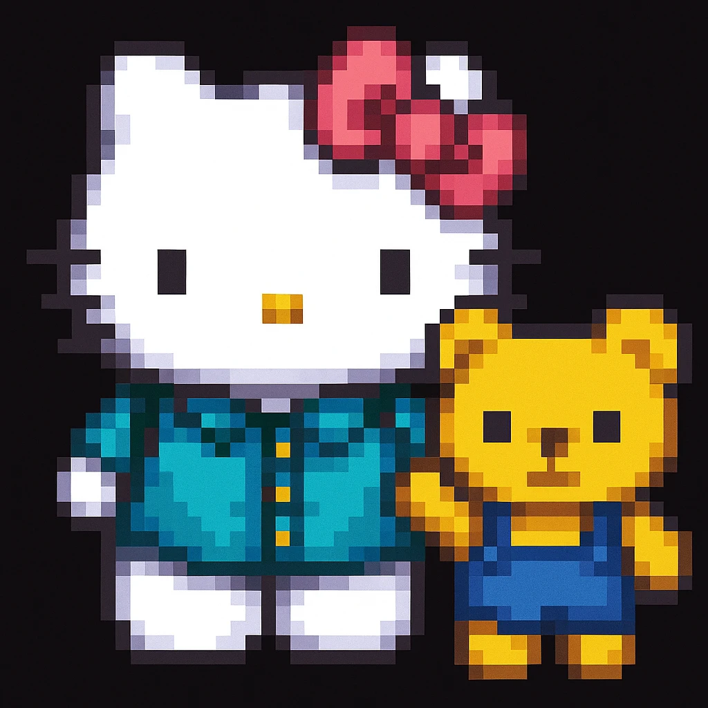 Add a friend to Hello Kitty in the style of pixel art emoji