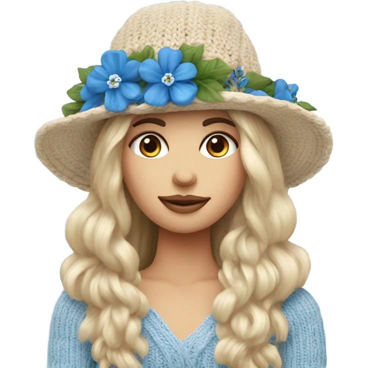 beautiful finnish long hair woman with blue eye knitting floral hat emoji