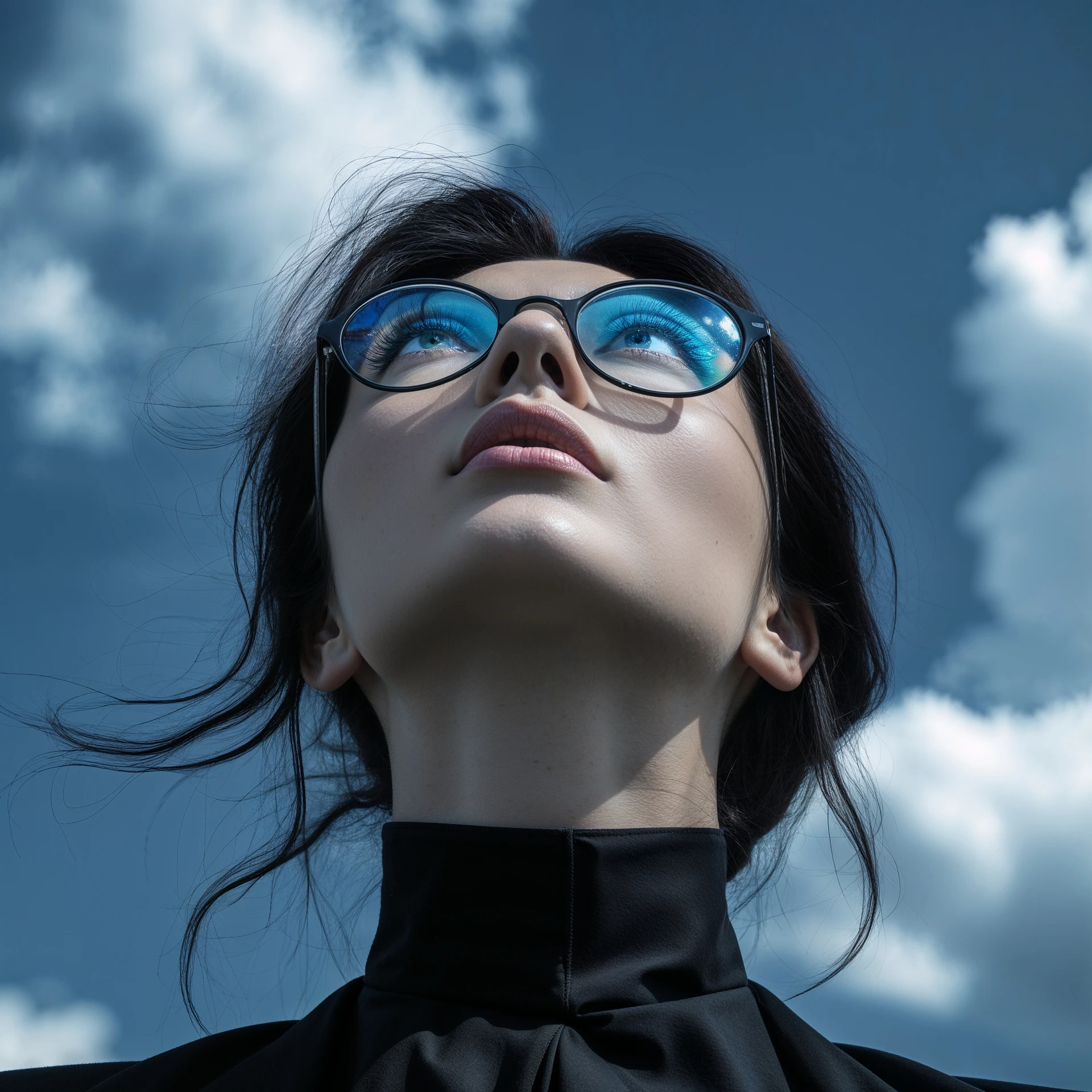 extreme closeup Photo of a beautifull woman with dark hairs and dark uotfit looking up (like villain), orange background, minimalistic, glasses with contrast reflection of blue sky and white clouds  emoji