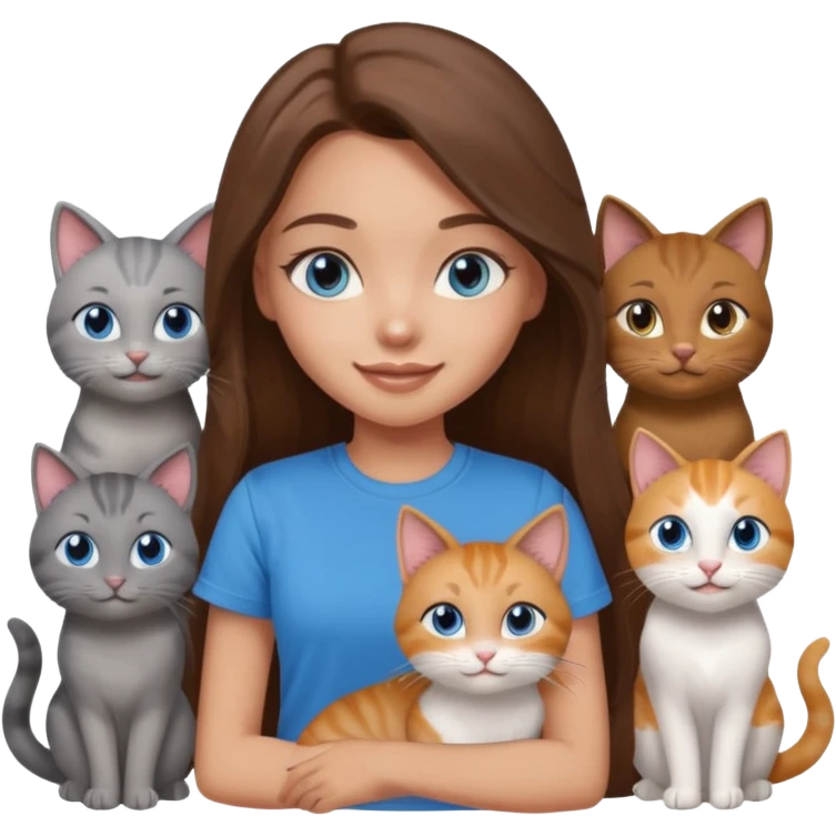a pretty bratz dusky light skin girl with long brown hair, blue eyes with six cats nd wearing a grey tshirt emoji