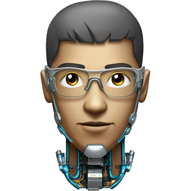 Male cyborg head with metallic skin, flat top, rectangular glasses and circuits emoji