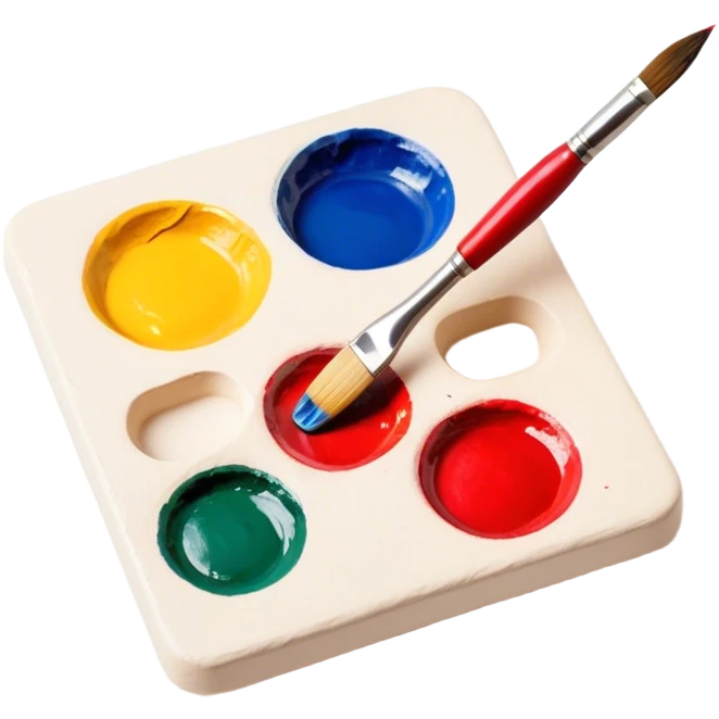 Lacquer miniature making on papier-mâché icon, small painted scene in progress on papier-mâché surface, fine brush strokes, vibrant colors, paintbrush, palette, tools, minimalistic style, clean lines, transparent background. emoji