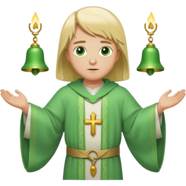 a priest, green eyes, blonde hair, light green wide, flowing, bell-shaped outer robe. opening arms, gazing thoughtfully. Soft light, subtle fern. Waist-up, profile. emoji