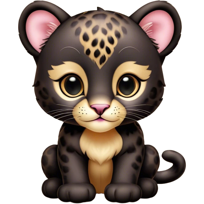 Cinematic Cute Baby Panther Portrait Emoji, Head tilted playfully and inquisitively, with a delightfully compact form accented by soft, velvety fur and round, sparkling eyes filled with wonder, Simplified yet irresistibly adorable features, highly detailed, glowing with a warm, inviting glow, high shine, affectionate and lively, stylized with a touch of whimsical cuteness, bright and endearing, soft glowing outline, capturing the essence of a mischievous yet loving baby panther that seems as if it could tumble out of the screen into your arms! emoji