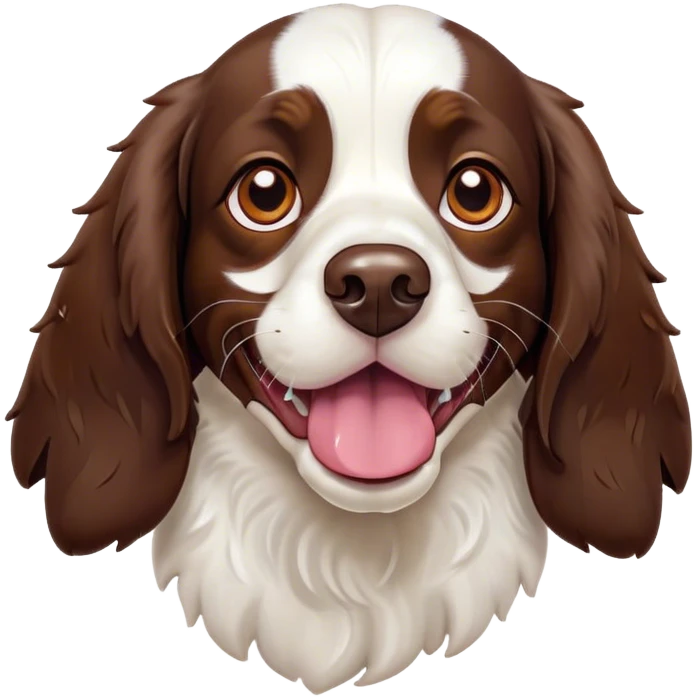 Cinematic Comical Springer Spaniel Portrait Emoji, Head tilted dramatically with an exaggeratedly amused expression, featuring a striking liver and white Fur with dynamic patterns, wide, expressive brown eyes filled with playful disbelief, Simplified yet hilariously expressive features, highly detailed, glowing with a slightly sassy glow, high shine, dramatic yet playful, stylized with an air of cheeky mischief, bright and endearing, soft glowing outline, capturing the essence of a spirited and over-the-top companion, so meme-worthy it feels like it could side-eye its way into internet fame instantly! emoji
