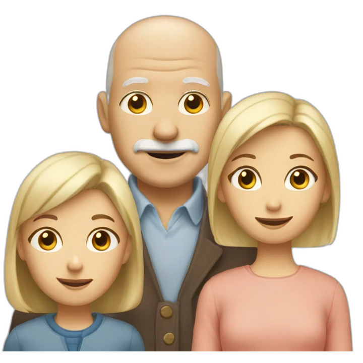 emoji of an old bald man with 4 kids, 3 girls, 1 blond hair, 2 brown hair, 1 boy with blond hair and an old blond women emoji