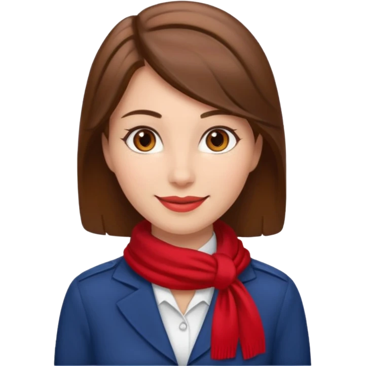 Female flight attendant, with red scarf, white shirt, brown hair, brown eyes, iOS emoji-type face, fair skin  emoji