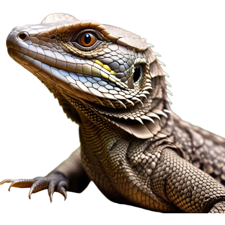 Cinematic Noble brown monitor Lizard Portrait Emoji, Poised and regal, with a robust, scaled body exhibiting striking, mottled patterns and piercing, alert eyes, Simplified yet sharp and sophisticated features, highly detailed, glowing with a soft, earthy glow, high shine, intelligent and formidable, stylized with an air of ancient wilderness, focused and commanding, soft glowing outline, capturing the essence of a watchful and confident reptilian guardian that appears ready to stride out of the screen with effortless authority! emoji